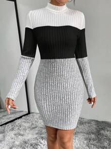 SHEIN Essnce Khối màu Cổ giả Váy bodycon - Đen và trắng - Xem 3