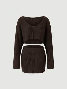SHEIN Unity Falda tejida con suéter de hombros caídos - Café integral - Ver 1
