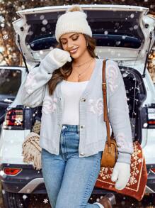 Calvaya 大碼花卉圖案落肩袖開襟衫 - 淺灰色 - 查看 1