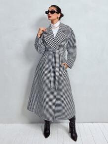 RueChic Houndstooth Print Drop Shoulder Belted Overcoat - Black and White - View 3