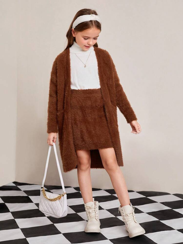 2pcs/set Teen Girls' Elegant Loose Fit Long Sleeve Cardigan And Skirt