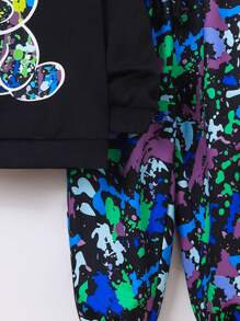 SHEIN 幼儿男童休闲舒适熊图案连帽衫和印花羊毛运动裤套装，加厚 - 彩色 - 查看 5