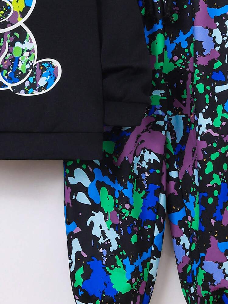 Toddler Boys Casual Comfortable Bear Pattern Hoodie & Printed Fleece Sweatpants Set, Thickened