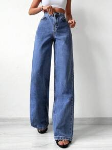 SHEIN Cottnline High Waist Straight Leg Jeans - Medium Wash - View 6