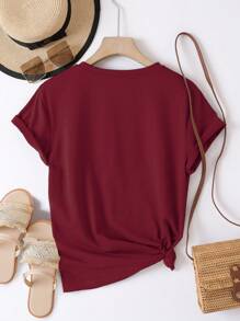 INAWLY 素色圓領T恤 - 紫紅色 - 查看 2