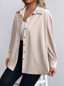 SHEIN LUNE 大碼提花落肩袖襯衫 - 杏色 - 查看 6