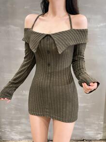 DAZY Damen einfarbiges Rippstrick-Kleid mit Haterneckausschnitt und Knöpfen, Herbst/Winter - Grün - Übersicht 7