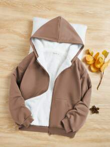 Teen Girl Zip Up Drop Shoulder Thermal Lined Sweatshirt - Coffee Brown - View 1