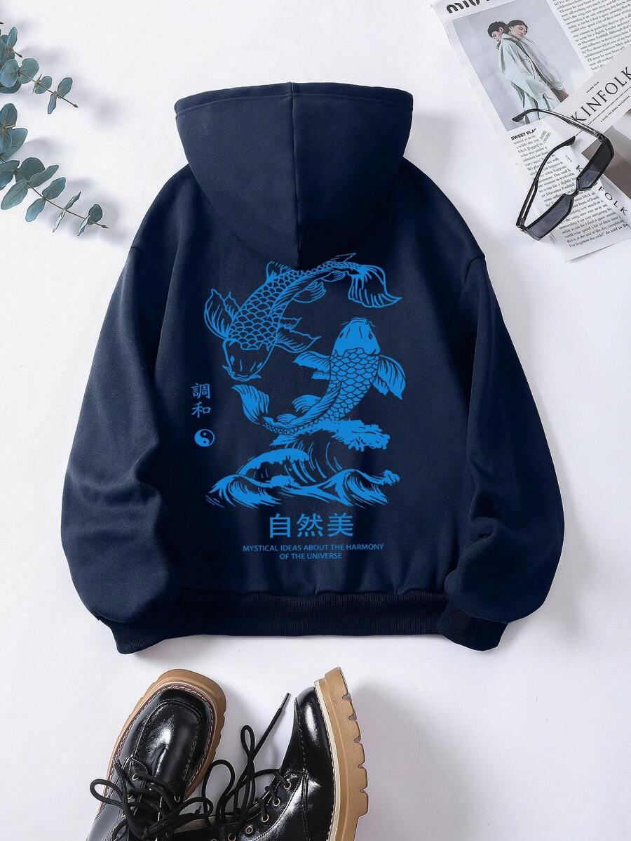 INAWLY Fish & Letter Graphic Drawstring Thermal Lined Hoodie - Navy Blue - View 1
