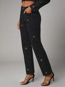 SHEIN BAE Jeans De Mezclilla Para Mujer Con Adornos De Diamantes De Imitación Para Fiesta De Nochevieja, Club Y Discoteca - Negro - Ver 6