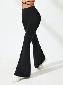 SHEIN Sports Solid Flare Leg Sports Pants - Black - View 5