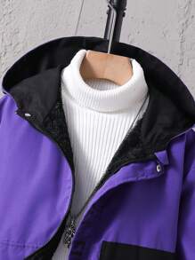 SHEIN 男大童1入組翻蓋口袋連帽加絨內裏夾克