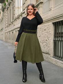 SHEIN Frenchy 大碼腰部拼接蕾絲半身裙 - 軍綠色 - 查看 7