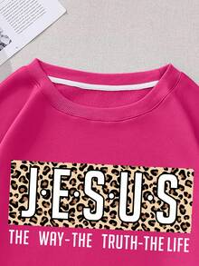 SHEIN EZwear Plus Leopard & Slogan Graphic Thermal Lined Sweatshirt - Hot Pink - View 3