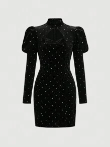 SHEIN MOD 鑲有鑽石細節的膨脹袖絨面連身裙 - 黑色 - 查看 1