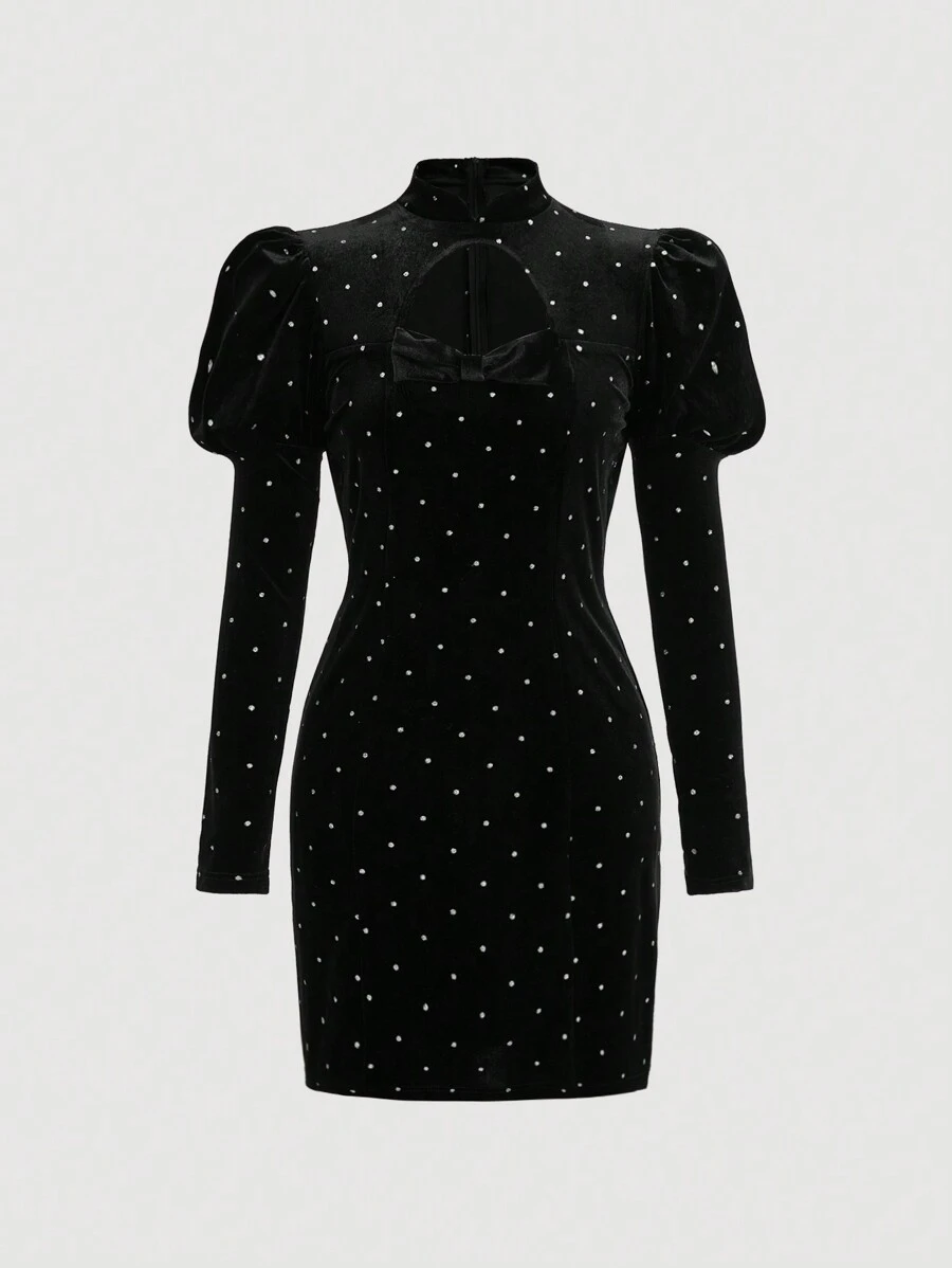SHEIN MOD 鑲有鑽石細節的膨脹袖絨面連身裙 - 黑色 - 查看 1