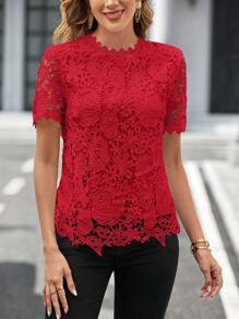 SHEIN Clasi Guipure Lace Mock Neck Blouse - Red - View 7