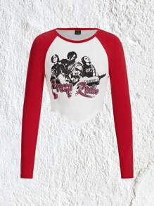 Muchica Letter & Figure Graphic Raglan Sleeve Hanky Hem Tee - Red - View 1