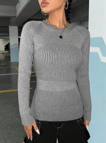 SHEIN EZwear Pull Unicolore Côtelé Manches Raglan