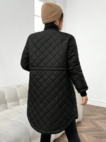 SHEIN EZwear Drawstring Waist Zip Up Curved Hem Quilted Coat - Black - View 2