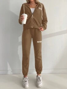 EURMUSE Letter Graphic Drop Shoulder Drawstring Hoodie & Sweatpants