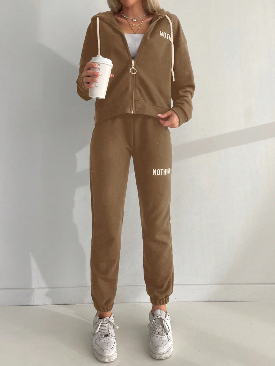 EURMUSE Letter Graphic Drop Shoulder Drawstring Hoodie & Sweatpants