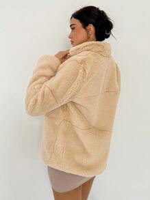 SHEIN Privé Solid Open Front Fuzzy Coat - Camel - View 3