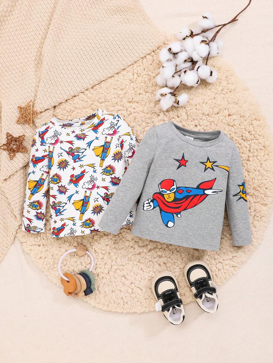 SHEIN 嬰兒男孩2入組休閒卡通圖案長袖上衣 - 彩色 - 查看 1