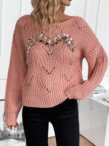 SHEIN LUNE 亮片装饰落肩镂空针织套头衫秋冬毛衣 - 西瓜粉 - 查看 3