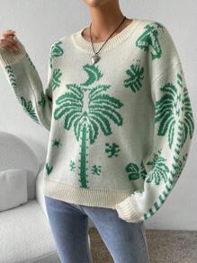 SHEIN Unity Palm Tree Pattern Drop Shoulder Sweater - Apricot - View 1
