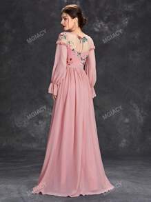 Floral Embroidery Flounce Sleeve Chiffon Bridesmaid Dress