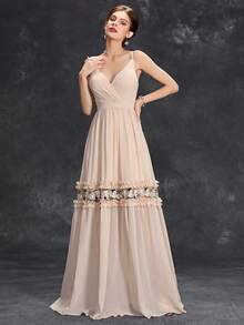 繡花荷葉邊伴娘長裙 - 杏色 - 查看 3