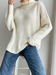 SHEIN LUNE 高領落肩袖下擺開叉套頭毛衣 - 米色 - 查看 3