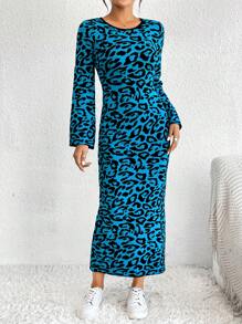 SHEIN Essnce Hoa văn Báo tay áo lá sen Đầm Áo len - Màu xanh lam - Xem 5
