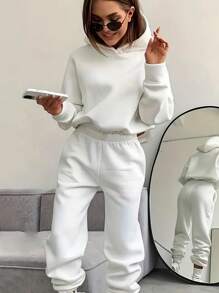 INAWLY 素色落肩袖連帽衫和運動褲 - 白色 - 查看 4