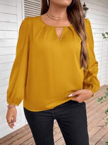 SHEIN Clasi 大碼鎖眼領燈籠袖襯衫 - 黃色 - 查看 4