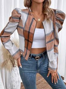 SHEIN VCAY 格紋印花羊腿袖前拉鍊夾克 - 棕色 - 查看 1