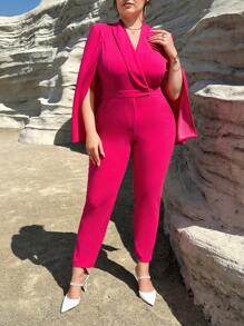 SHEIN Privé Plus Cloak Sleeve Slant Pocket Jumpsuit - Hot Pink - View 4