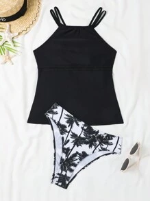SHEIN Swim Summer Beach Coconut Tree Print Halter Tankini - Black and White - View 3