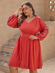SHEIN VCAY Plus Embroidery Detail Lantern Sleeve A Line Dress - Brown - View 4