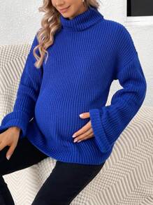 SHEIN 孕婦高領落肩袖套頭毛衣 - 藍色 - 查看 3