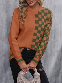 SHEIN LUNE Checkerboard Pattern Drop Shoulder Sweater - Multicolor - View 4