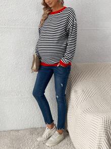 SHEIN Maternity Striped Drop Shoulder Contrast Sweater - Multicolor - View 6