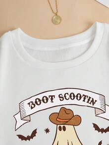 SHEIN EZwear Hơn Bản in Halloween Thả vai Áo nỉ - trắng - Xem 6