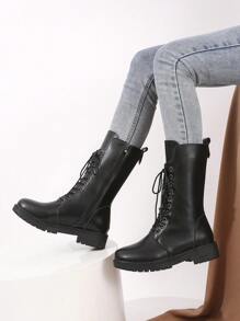 Black color Front Lace-up Combat Boots - Black - View 1