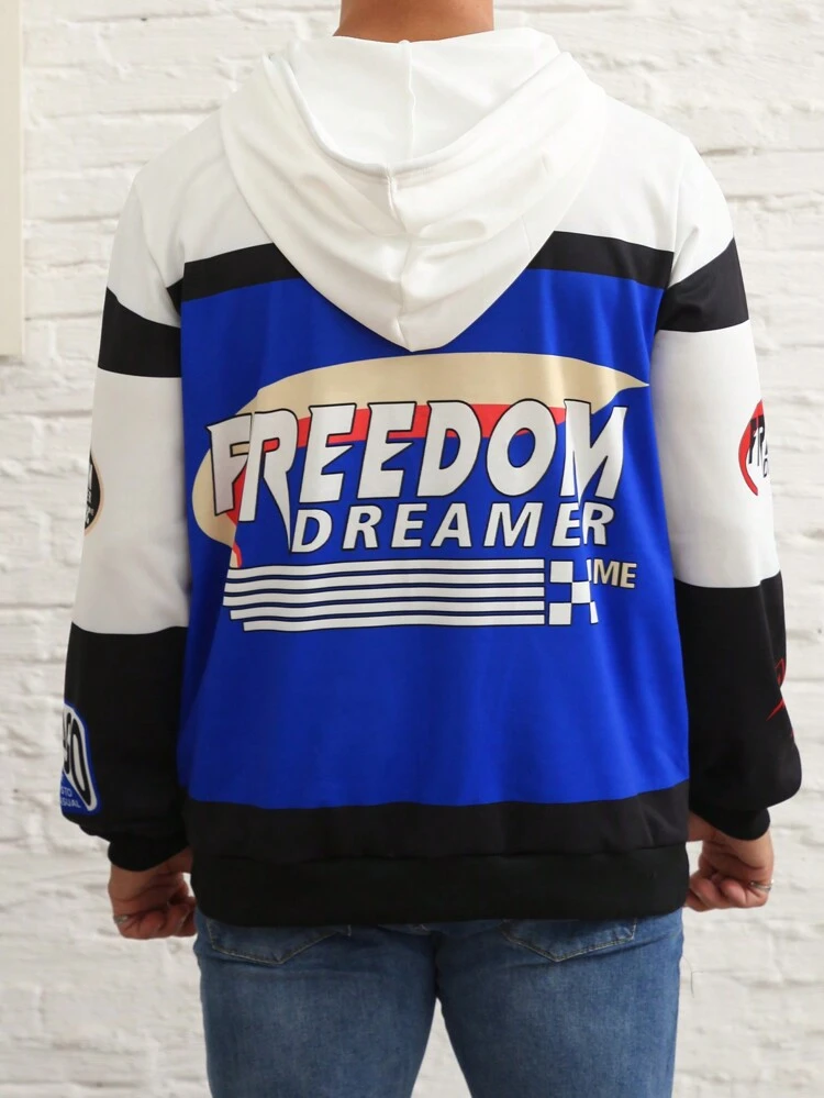 Men Plus Letter Graphic Colorblock Drawstring Hoodie