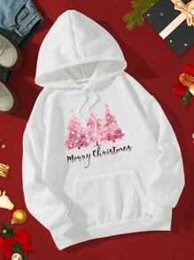 SHEIN EZwear Christmas Print Kangaroo Pocket Drawstring Thermal Hoodie - White - View 1