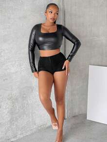 SHEIN SXY 纯色弹力条纹迷你短裤新年女士性感夜店 - 黑色 - 查看 4