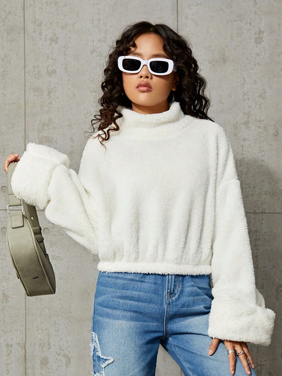SHEIN Teen Girl Mock Neck Drop Shoulder Teddy Pullover - White - View 1