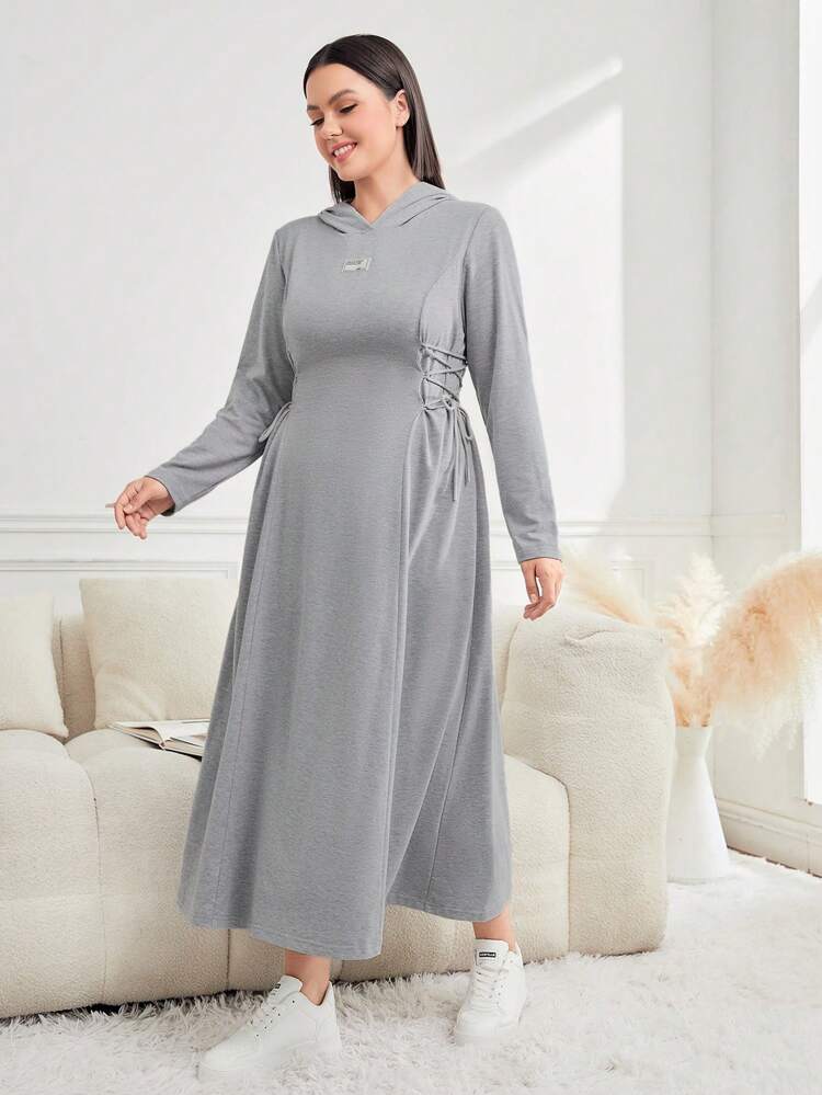 Women's Plus Size Hooded Dress With Letter Patches, Crossed Side Tie Design